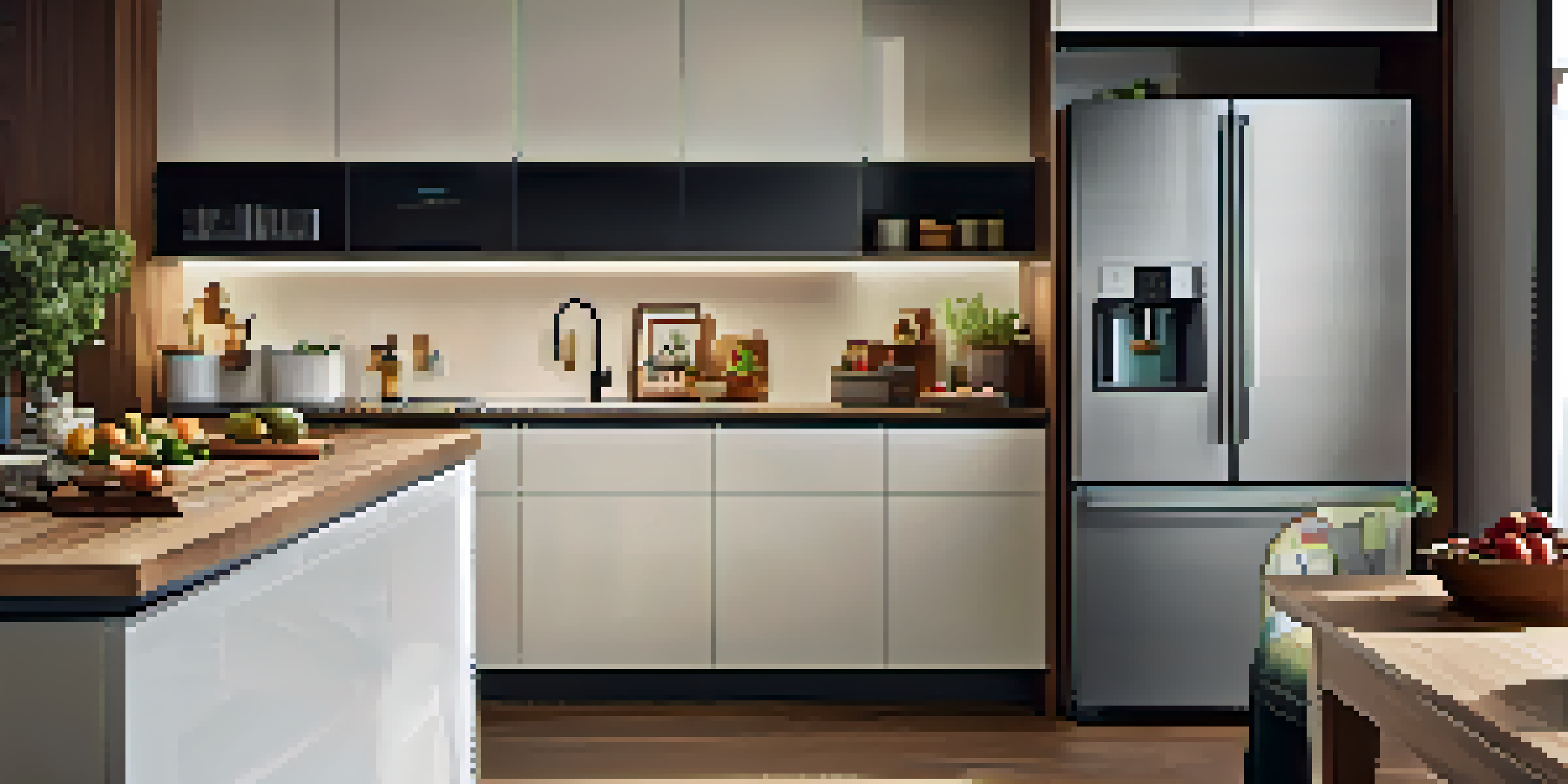 A kitchen with a smart oven and fridge, and fresh ingredients on the counter, illuminated by warm lighting.