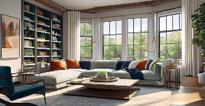 A bright and cozy living room with large windows, plush sofa, and a view of greenery outside.