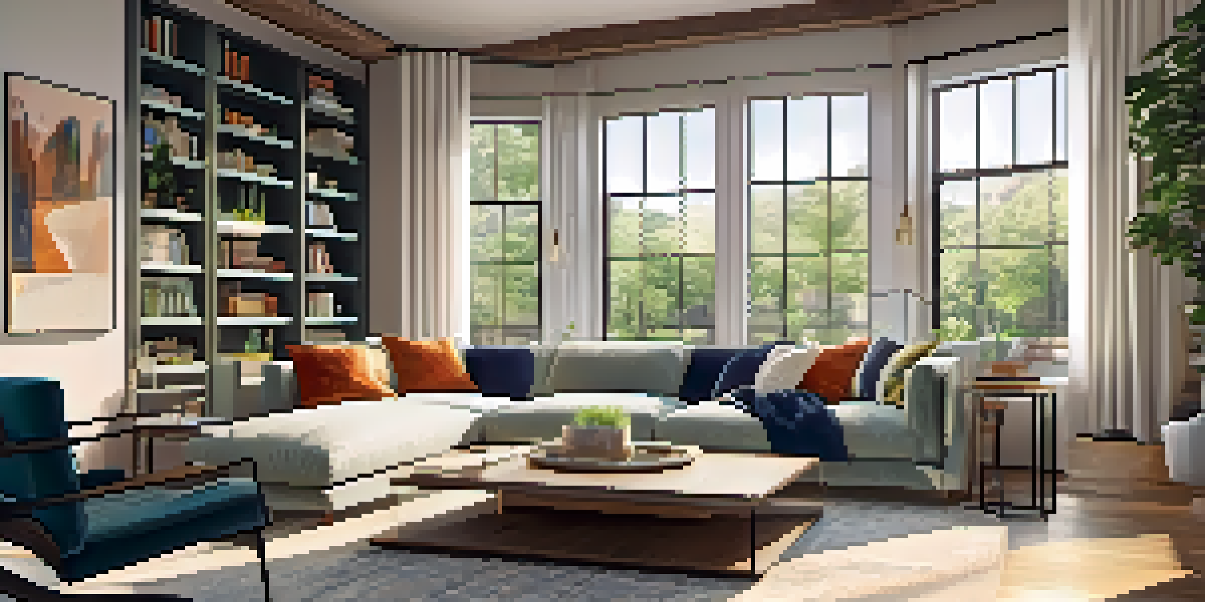 A bright and cozy living room with large windows, plush sofa, and a view of greenery outside.