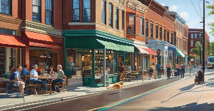 A lively urban neighborhood with historic brick buildings and modern shops, showcasing a mix of residents enjoying the day.