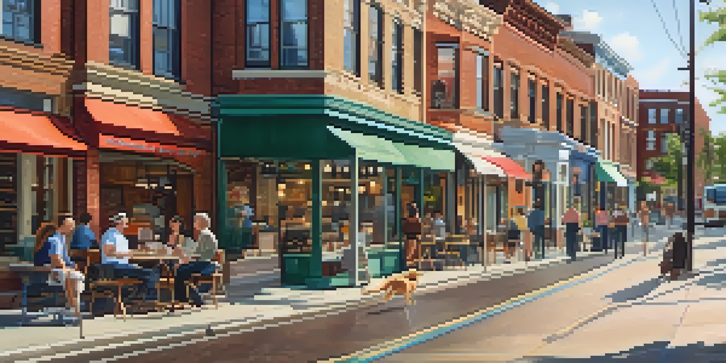 A lively urban neighborhood with historic brick buildings and modern shops, showcasing a mix of residents enjoying the day.