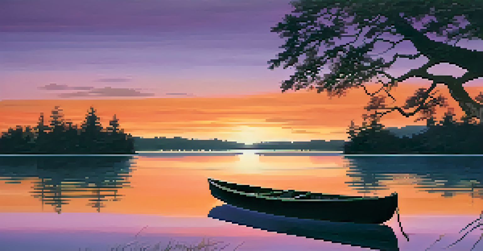 A peaceful lakeside view at sunset with colorful reflections on the water and a small rowboat.
