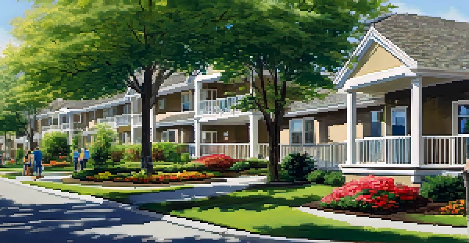 An apartment complex with well-maintained landscaping, a property management team discussing maintenance, and tenants walking by.