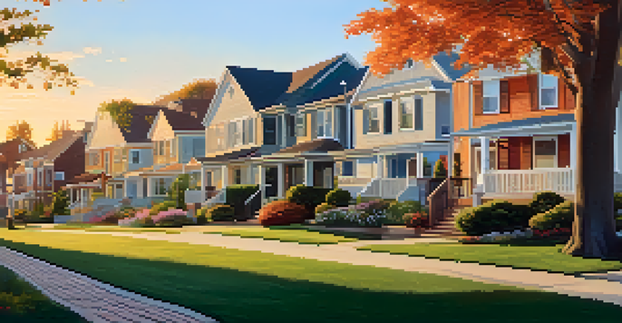 A peaceful suburban neighborhood with charming houses and blooming flower beds during sunset.