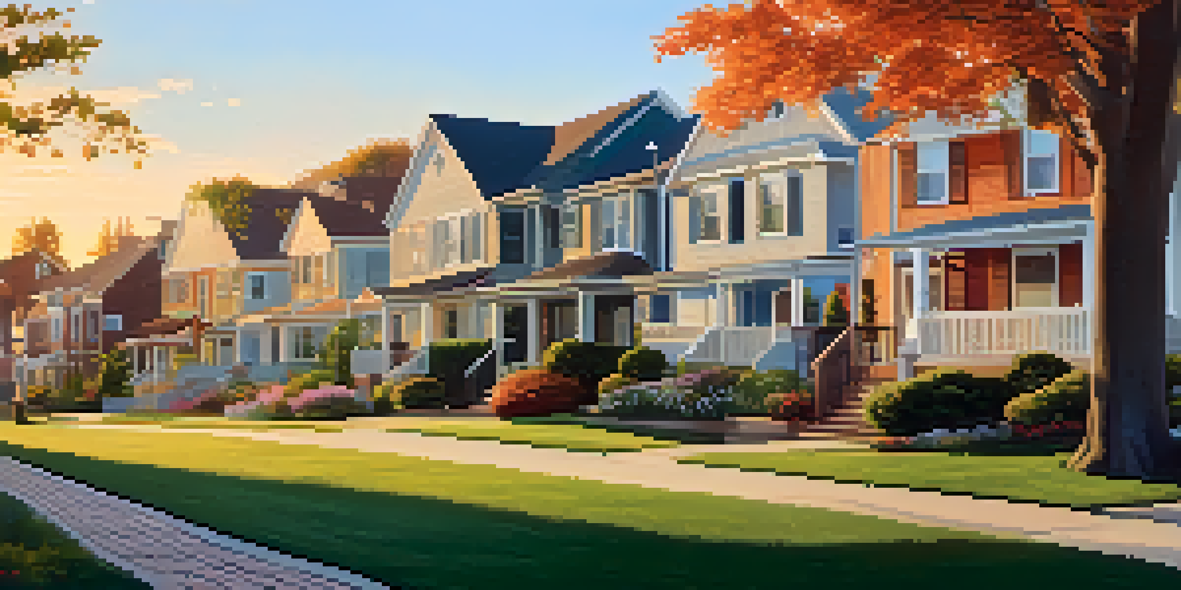 A peaceful suburban neighborhood with charming houses and blooming flower beds during sunset.