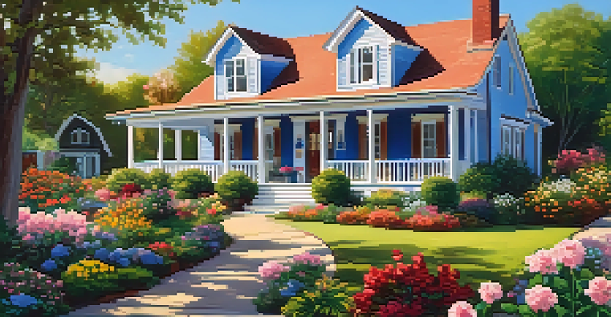 A picturesque family home with a colorful garden, featuring blooming flowers and a front porch with rocking chairs, under a sunny sky.