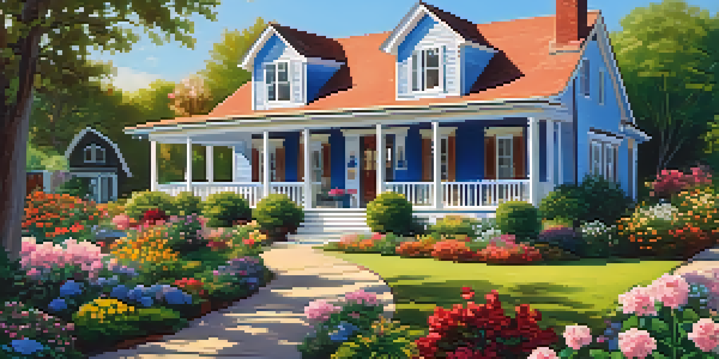 A picturesque family home with a colorful garden, featuring blooming flowers and a front porch with rocking chairs, under a sunny sky.