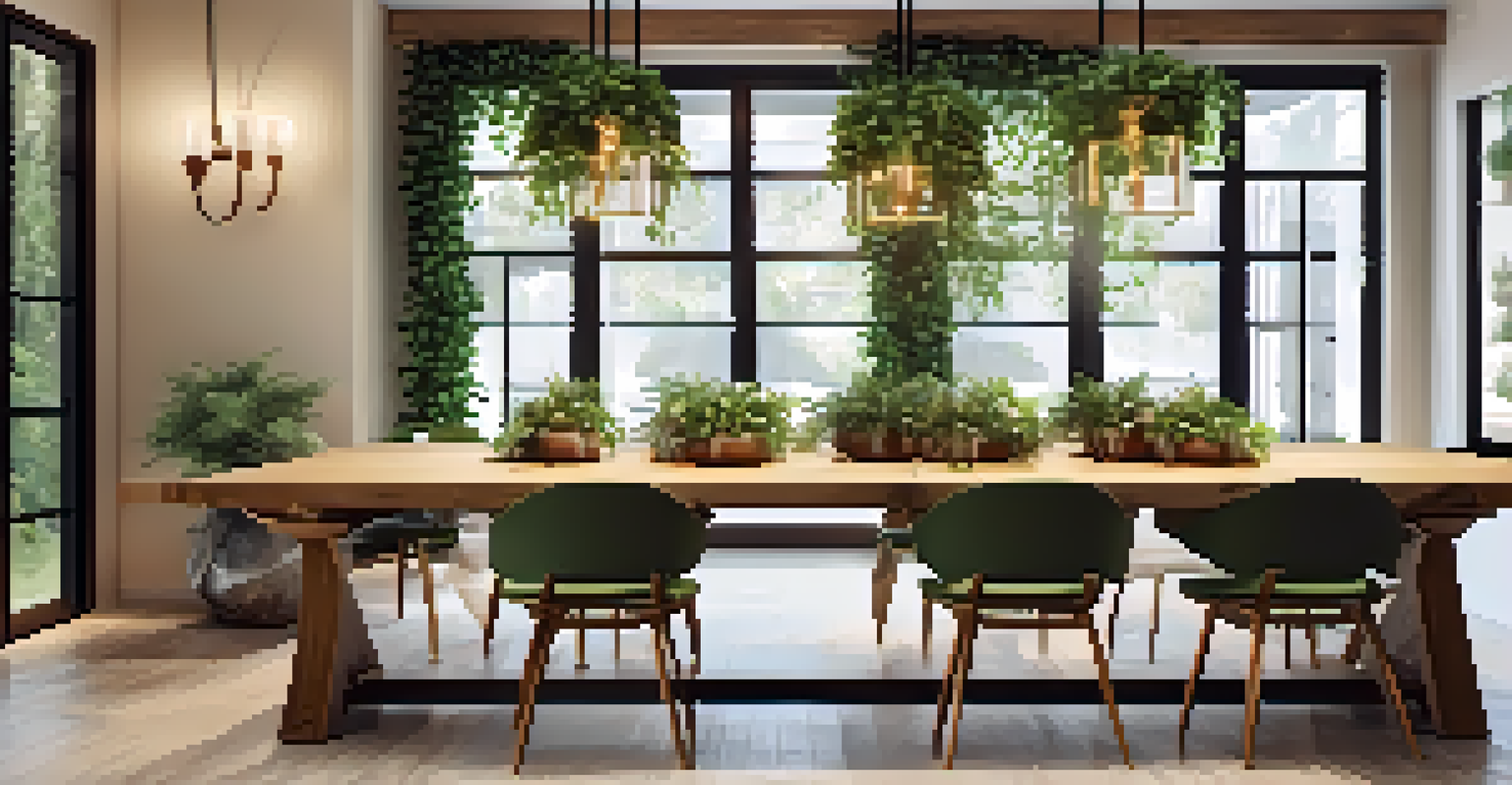 A stylish dining area featuring hanging planters with trailing vines, soft lighting, and a rustic wooden table setting.