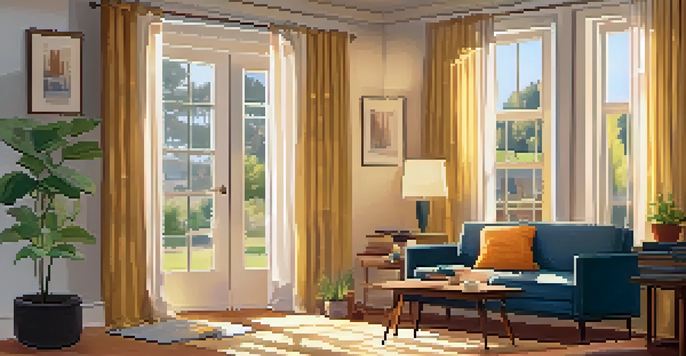 A warm and inviting living room with LED lighting, thermal curtains, and a notepad for energy audit.