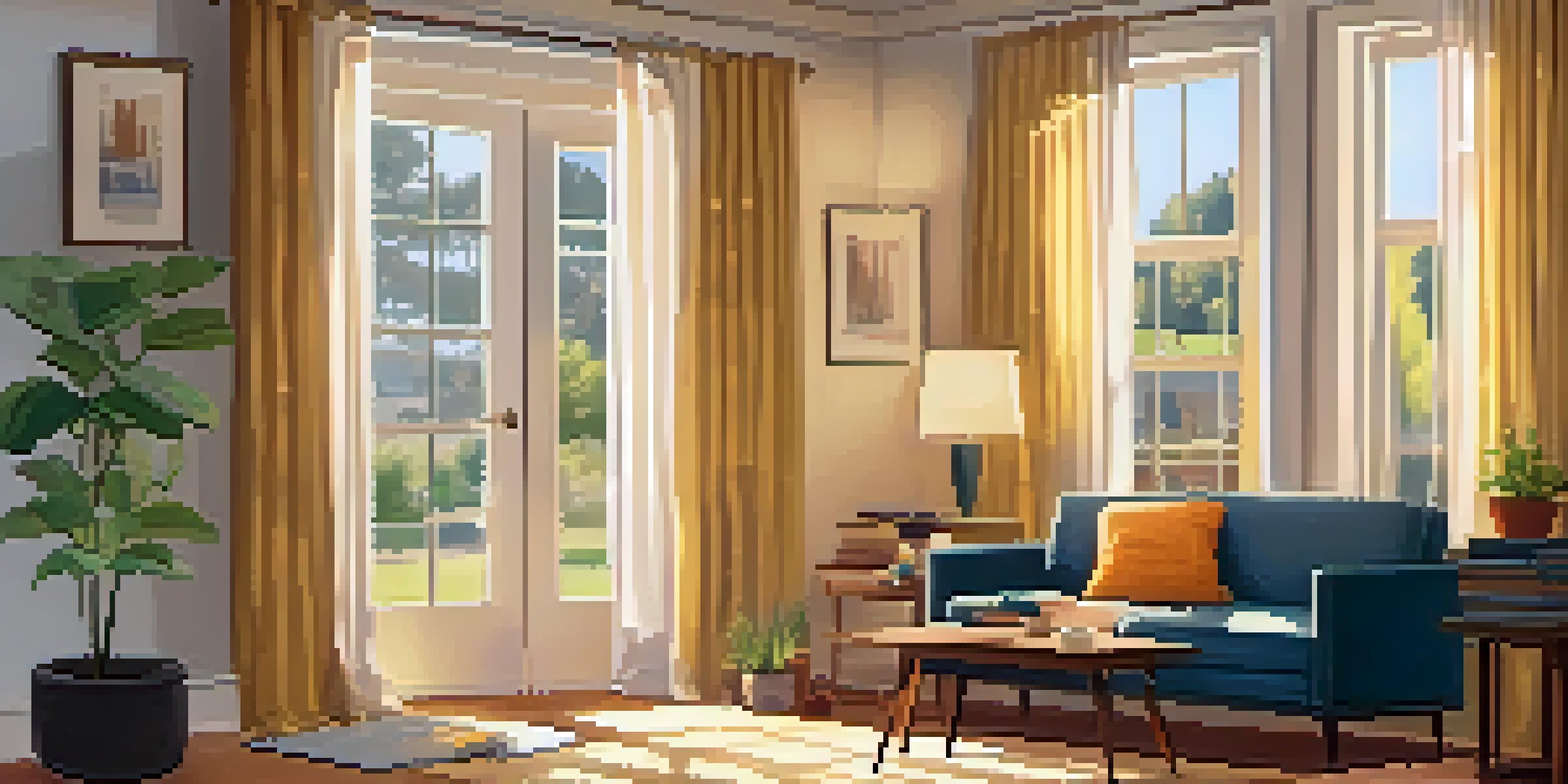 A warm and inviting living room with LED lighting, thermal curtains, and a notepad for energy audit.