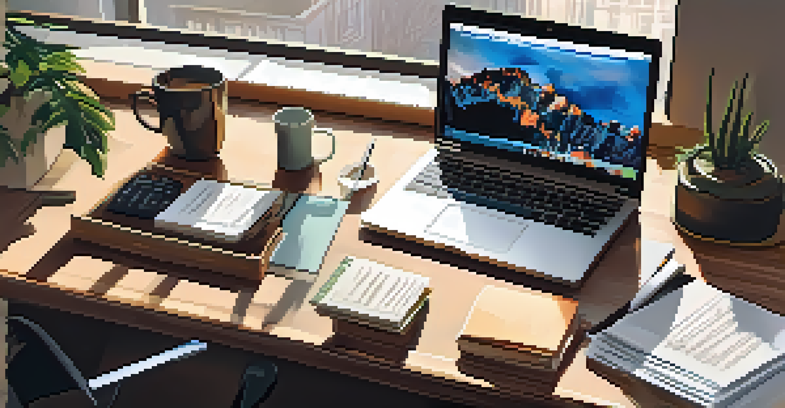 A financial planner's desk with a laptop, coffee cup, notepad with notes, and a plant, all in a warm and organized setting.