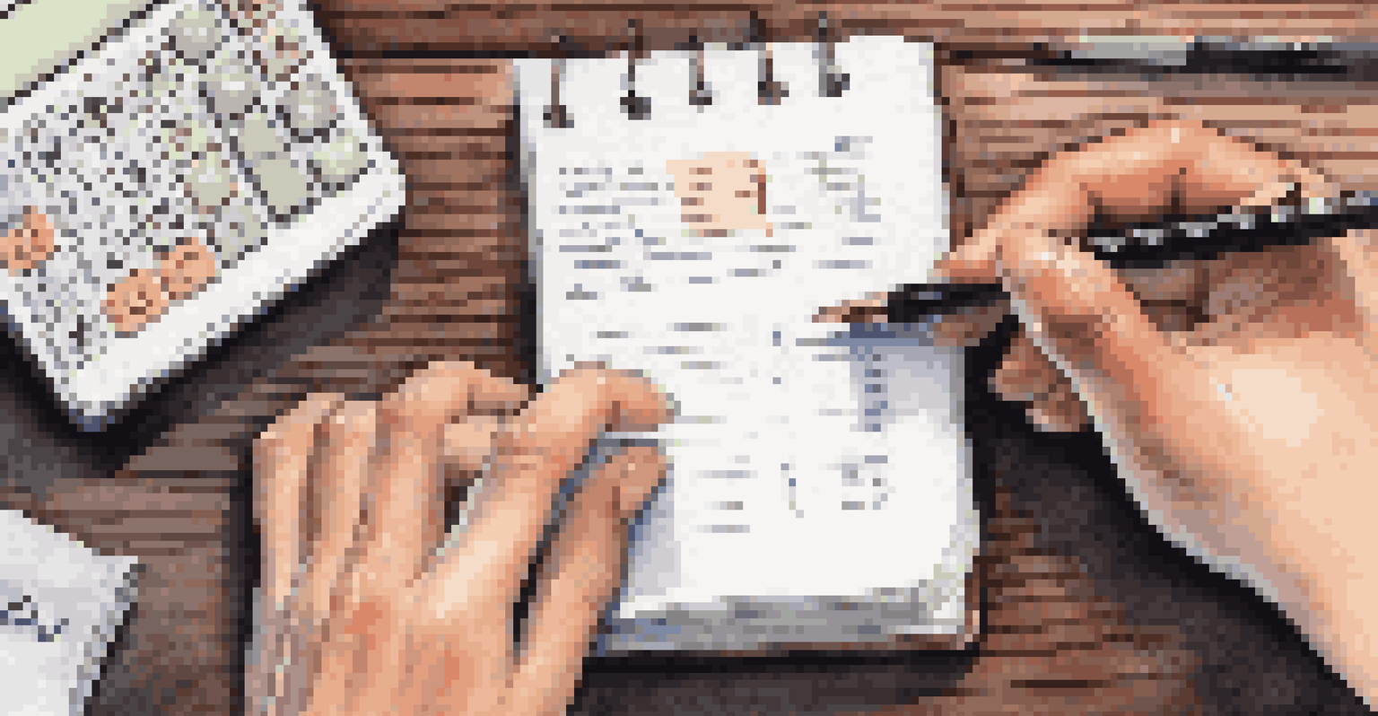 A hand writing in a financial diary with organized tax deduction notes, accompanied by a calculator and coffee.