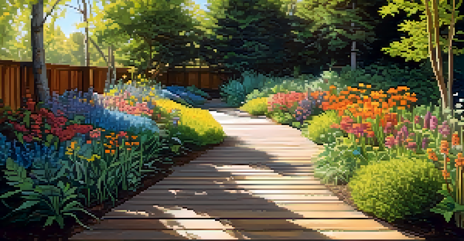 A garden pathway made of gravel and wood, surrounded by colorful native plants with butterflies and bees, illuminated by sunlight.