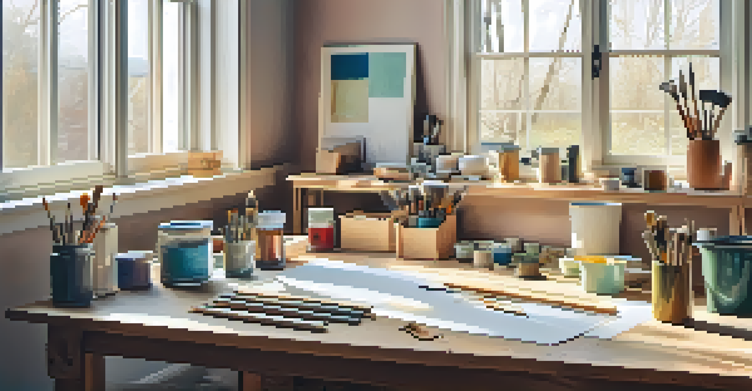 A clean and organized home renovation workspace with tools on a wooden table and sunlight coming through windows.