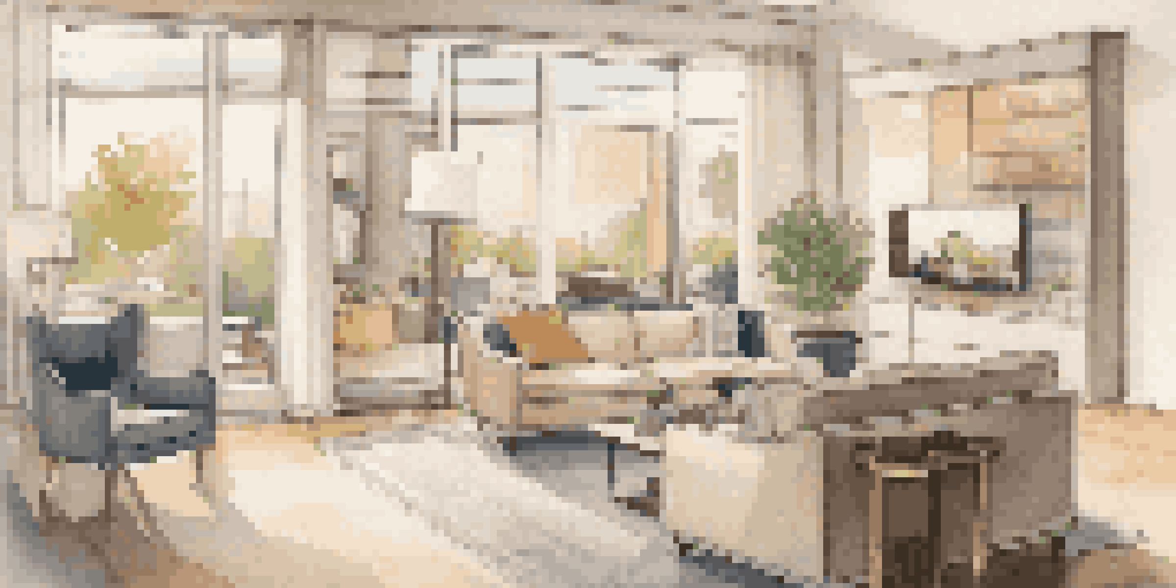 A modern living room showcasing a smart security system on a smartphone, with elegant furniture and a view of a safe neighborhood outside.