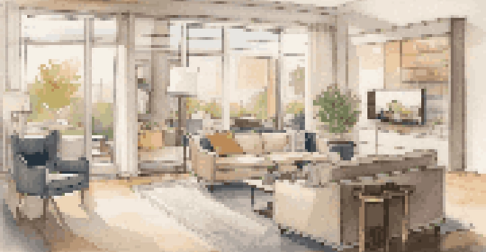 A modern living room showcasing a smart security system on a smartphone, with elegant furniture and a view of a safe neighborhood outside.