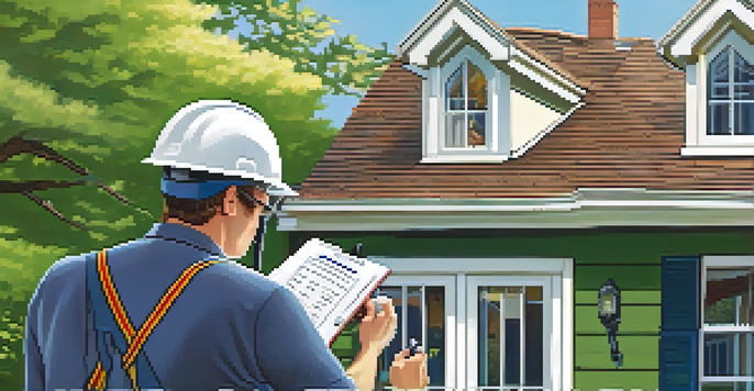 A home inspector with a flashlight examining the roof of a house, taking notes on a clipboard under clear blue skies.