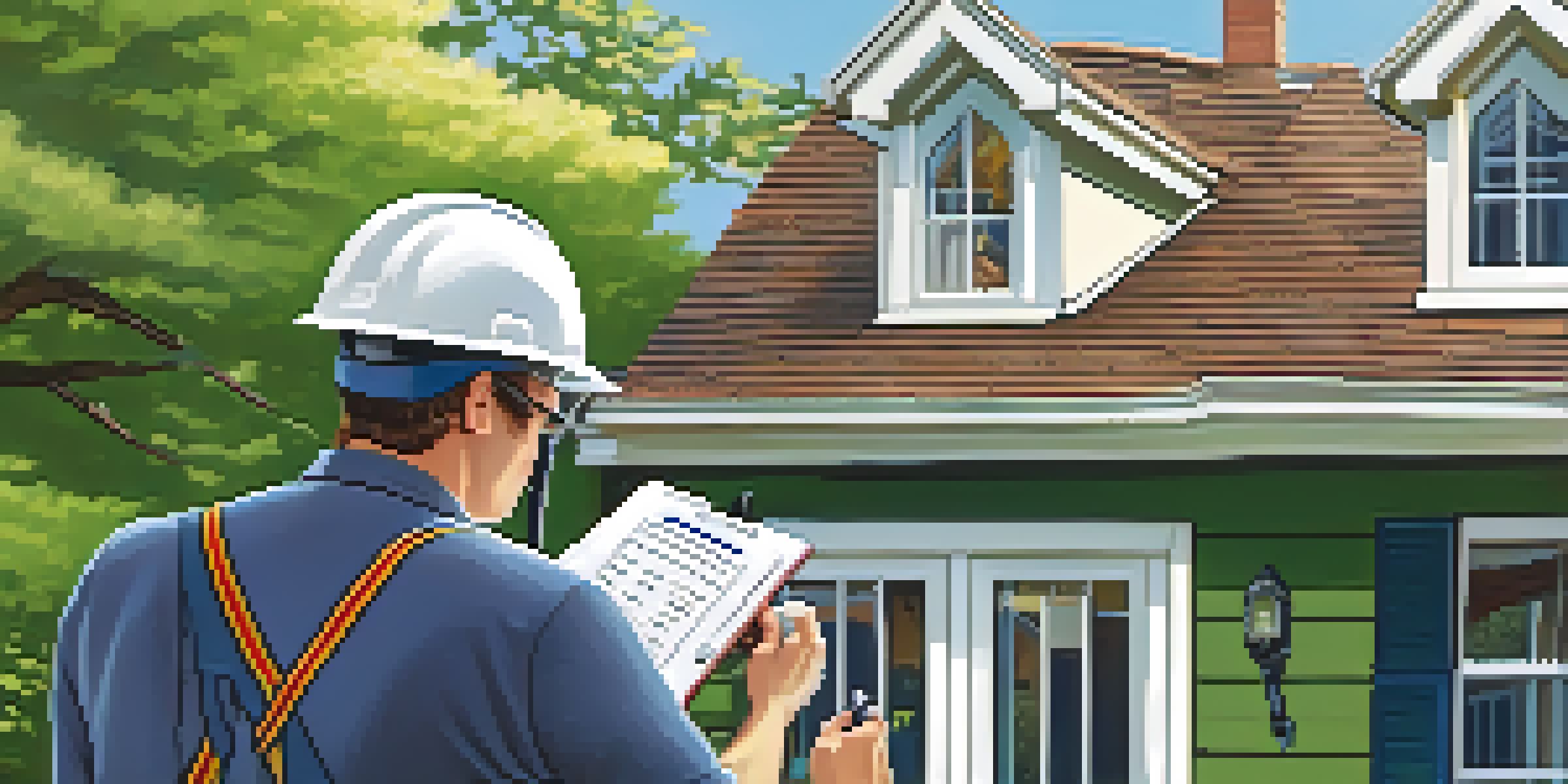 A home inspector with a flashlight examining the roof of a house, taking notes on a clipboard under clear blue skies.