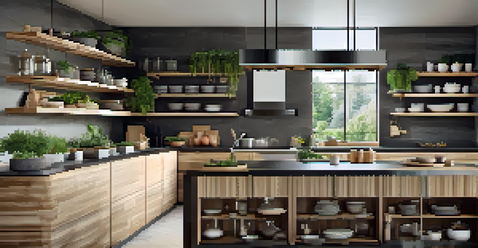 A modern kitchen with sleek wooden shelving, herbs, kitchenware, light stone walls, and metal fixtures.