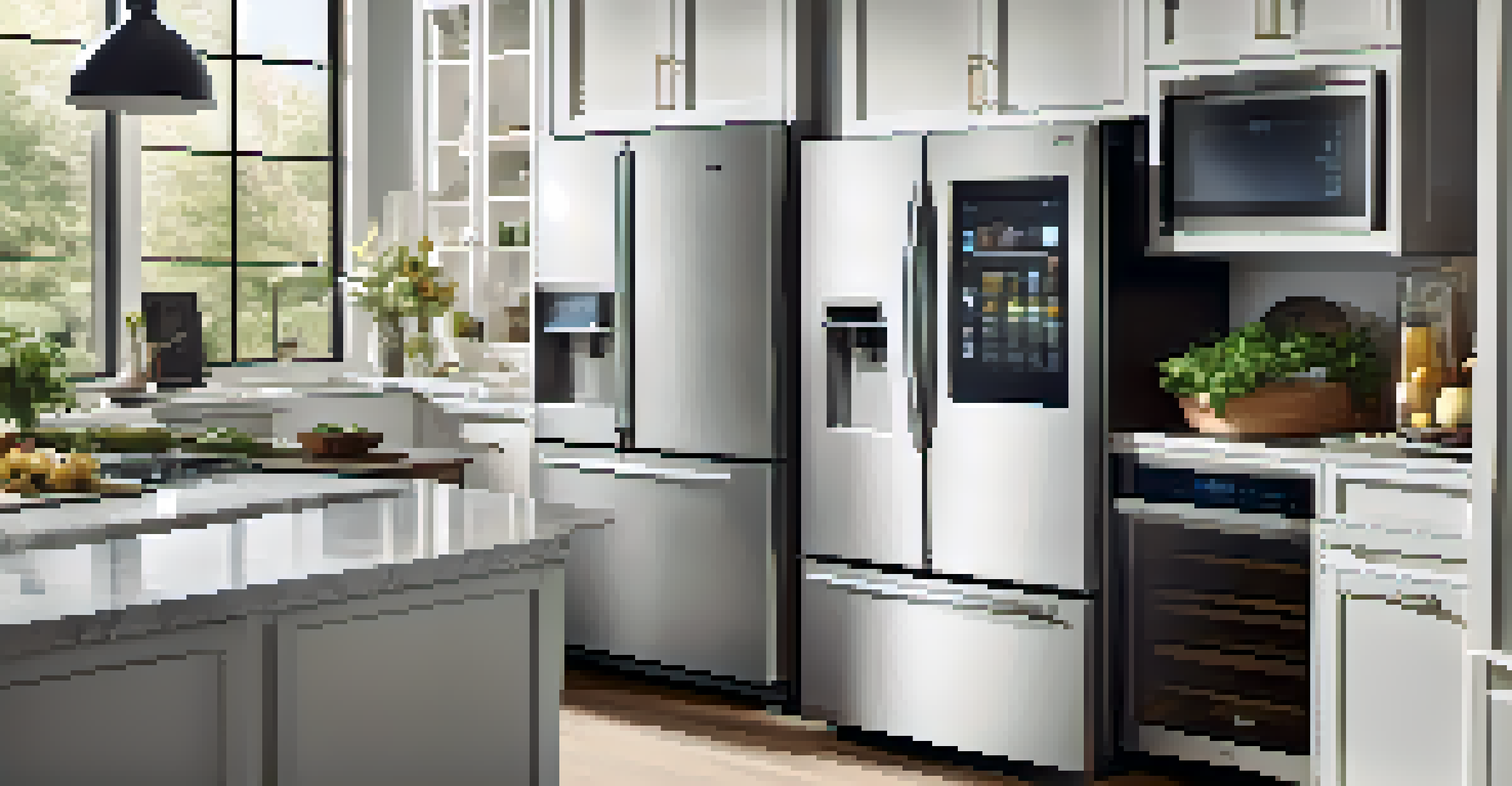 A close-up of a smart refrigerator displaying energy-saving features in a modern kitchen with bright lighting.
