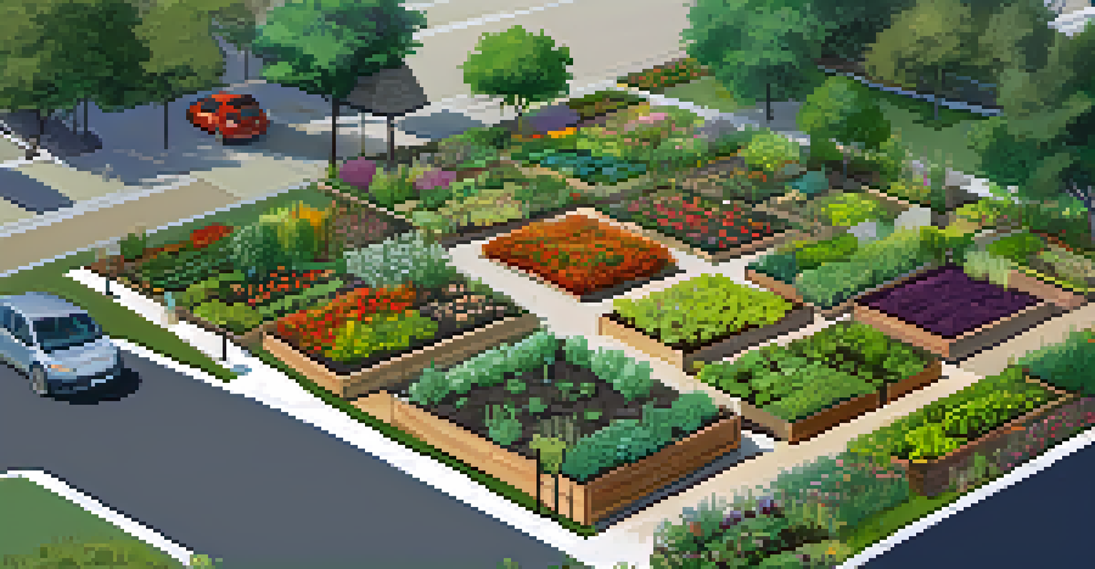 An aerial view of a colorful community garden surrounded by residential buildings and trees.