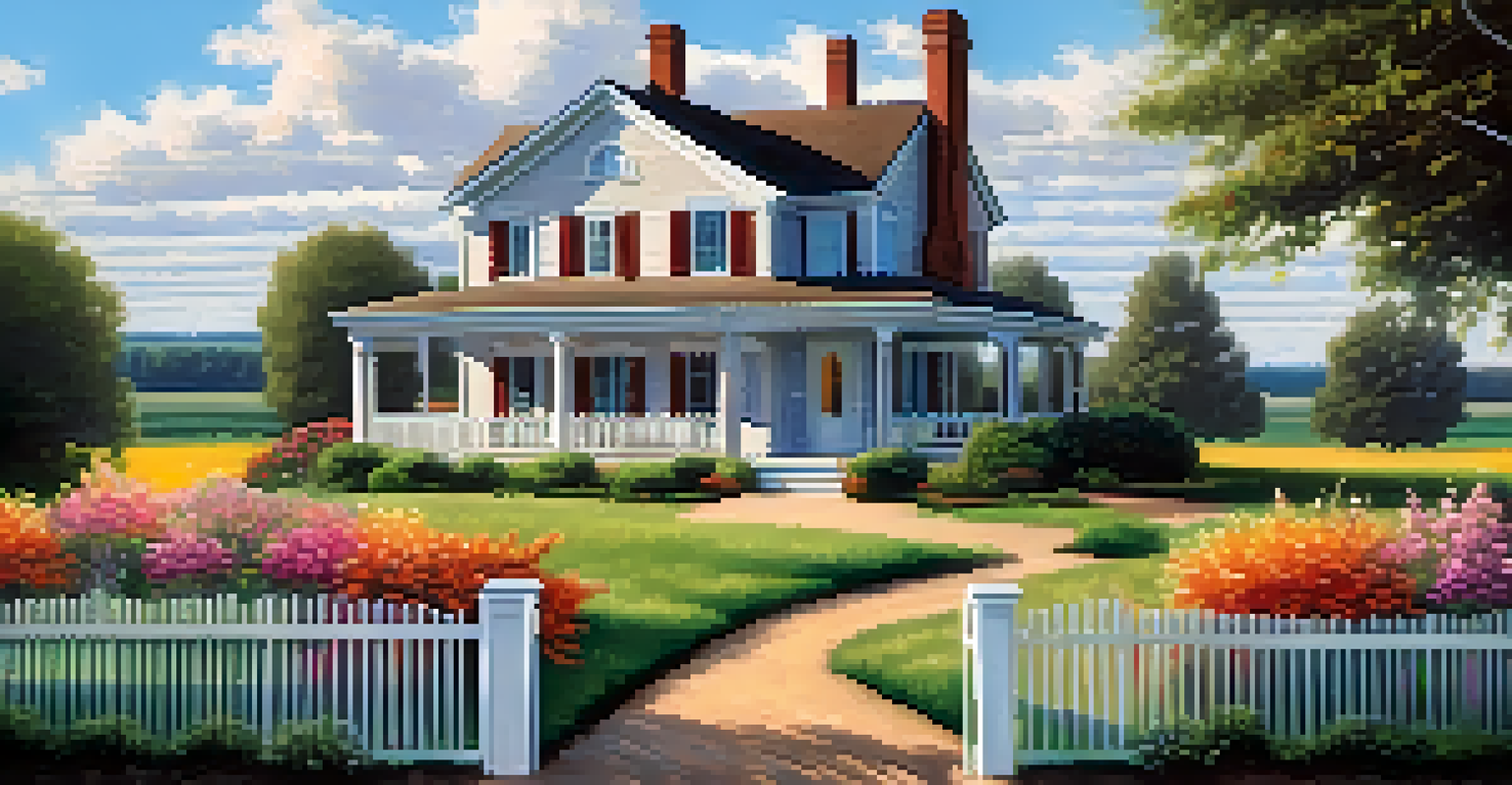 A picturesque rural home surrounded by fields and trees, featuring a white picket fence and flower beds under a clear blue sky.