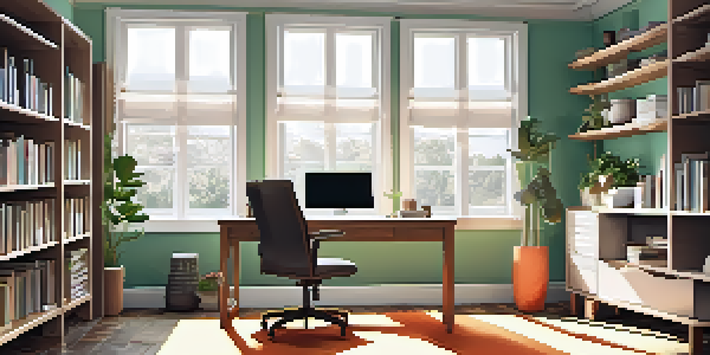 A cozy home office with an ergonomic desk, laptop, plants, and a warm desk lamp, illuminated by natural light from a large window.