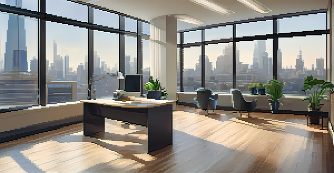 A bright office space with a view of a city, featuring a modern desk and a plant, illuminated by natural light.