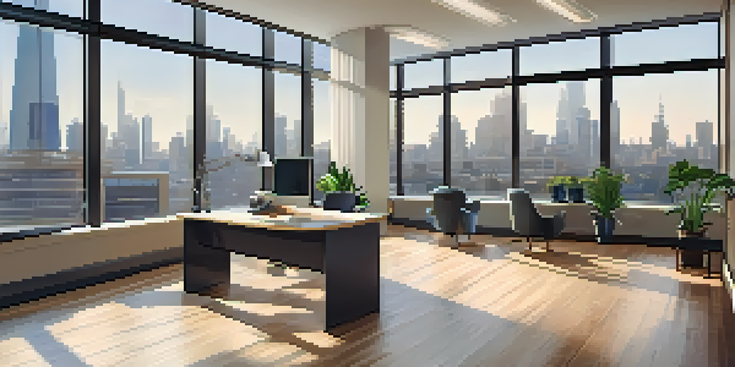 A bright office space with a view of a city, featuring a modern desk and a plant, illuminated by natural light.