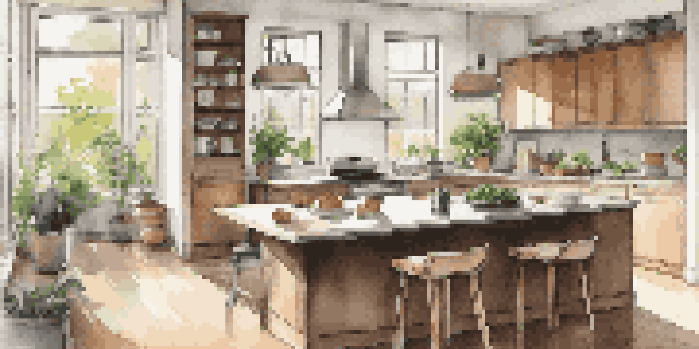 A modern kitchen filled with natural light, featuring sleek appliances and a cozy dining setup.