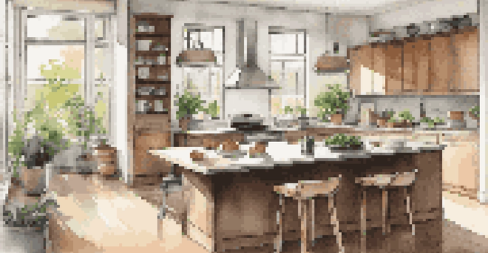 A modern kitchen filled with natural light, featuring sleek appliances and a cozy dining setup.