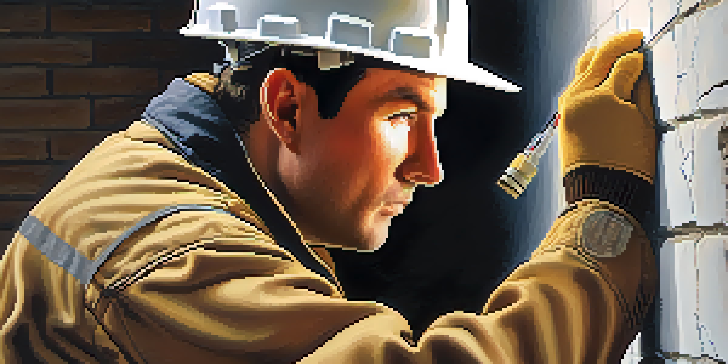 A home inspector closely examining a wall with horizontal cracks, wearing a hard hat and using a flashlight.