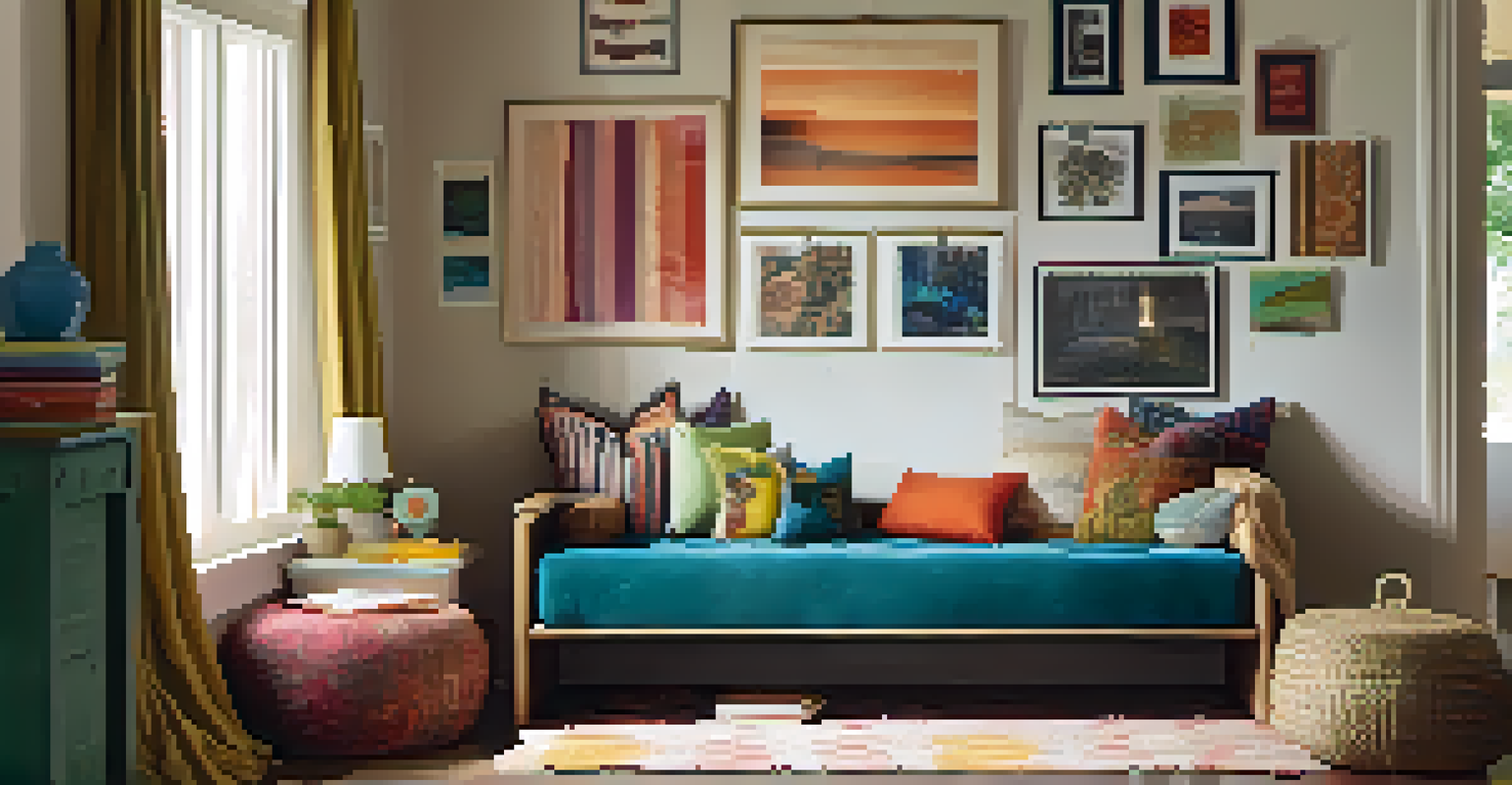 A cozy living space featuring a daybed, layered rugs, warm lighting, and personal artwork on the walls.