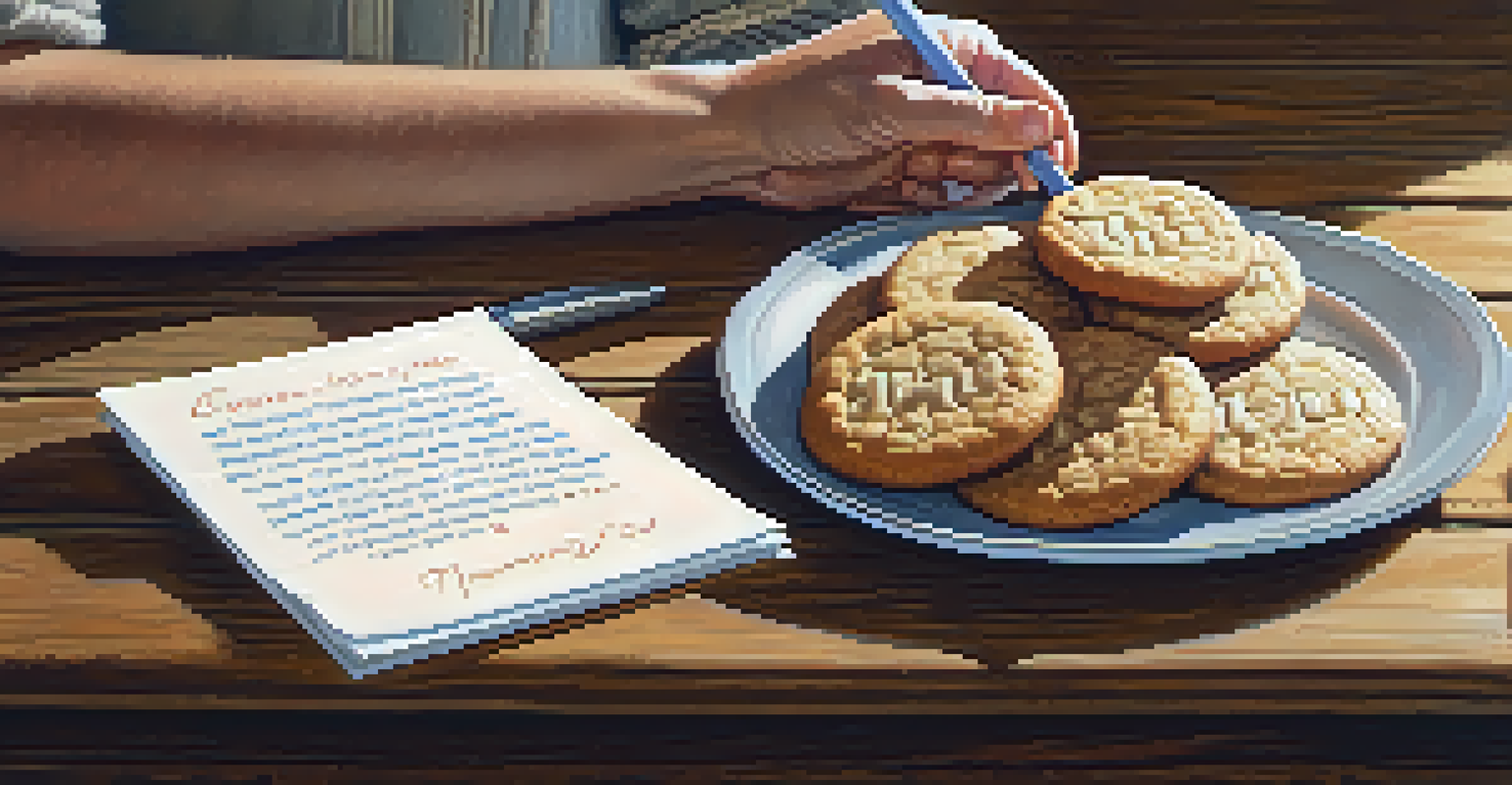 A homeowner writing a thank you note with baked cookies on the table after completing renovations.