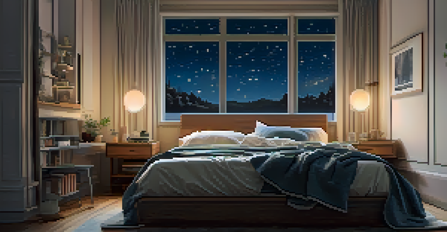 A serene bedroom with a smart speaker on the nightstand, softly lit with lamps and a view of a starry night sky.