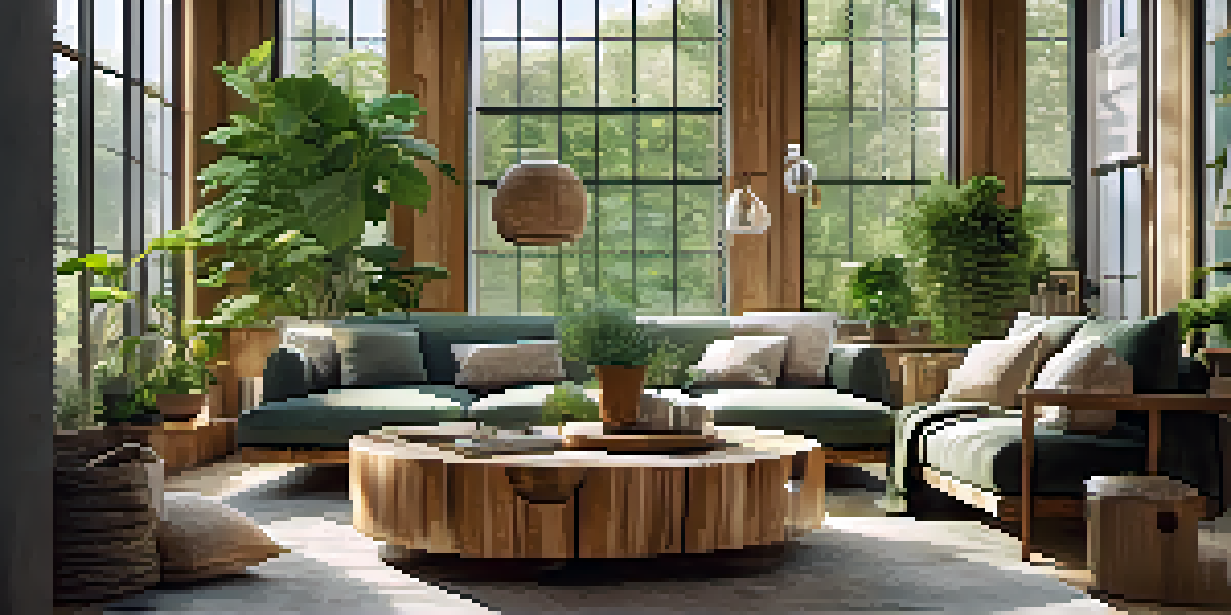 A spacious living room with multifunctional furniture made from reclaimed wood, filled with natural light and indoor plants.