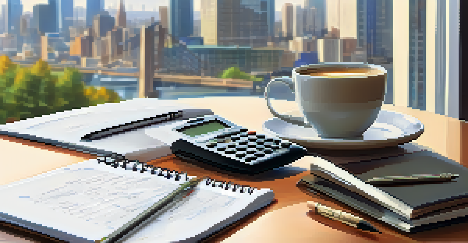 A desk scene featuring a calculator, notepad with financial projections, and a cup of coffee, with a blurred city skyline in the background.