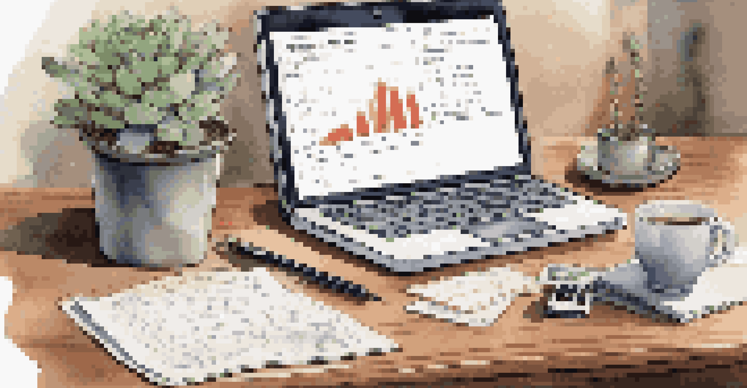 A financial planning scene with a laptop, notepads, calculator, and coffee on a wooden desk.