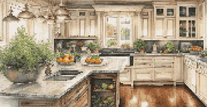 A renovated kitchen with elegant cabinetry, polished granite countertops, and warm lighting, creating a cozy atmosphere.