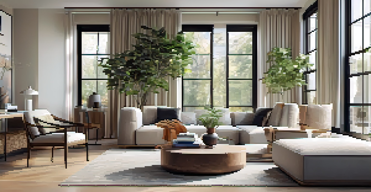 A stylish modern living room filled with natural light, featuring contemporary furniture and decorative plants.