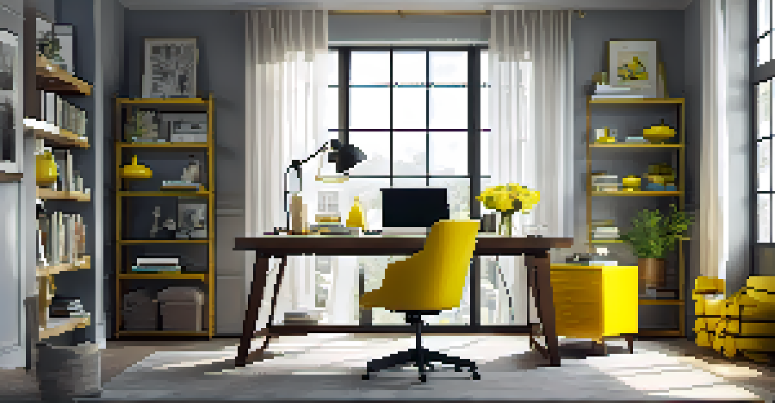A lively home office with gray walls, a wooden desk, and yellow accents, featuring sunlight streaming in through a window.