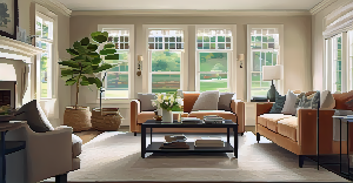 A warm and inviting living room with a cozy sofa, fresh flowers on the coffee table, and natural light coming through large windows.