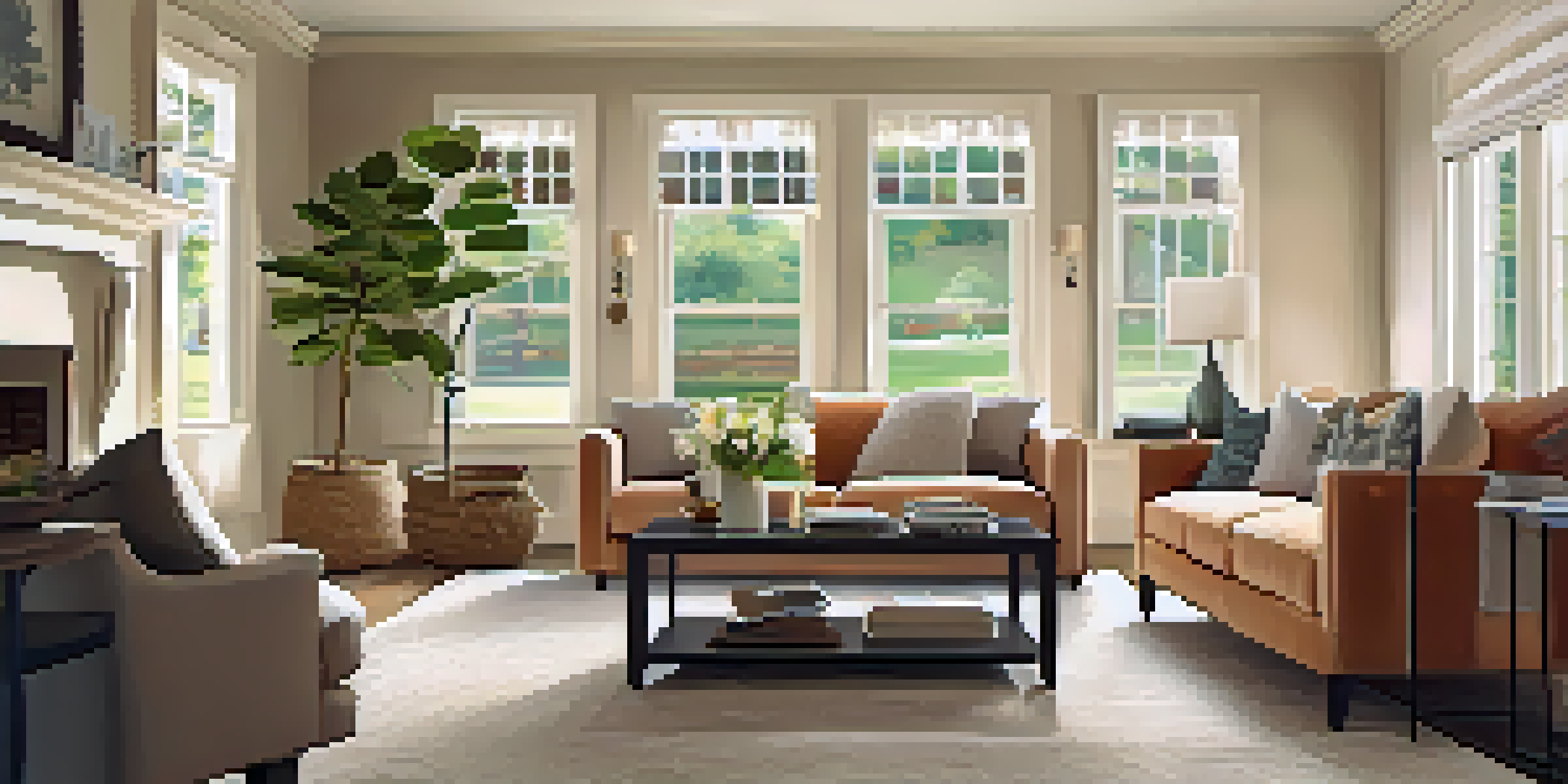 A warm and inviting living room with a cozy sofa, fresh flowers on the coffee table, and natural light coming through large windows.