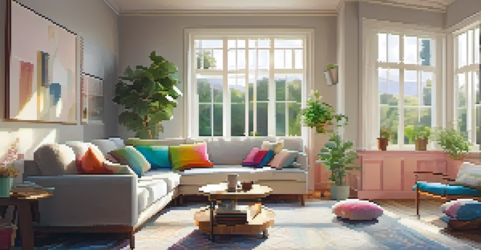A cozy living room with sunlight streaming in through a large window, featuring a modern sofa, colorful cushions, a wooden coffee table with books and tea, and a potted plant.