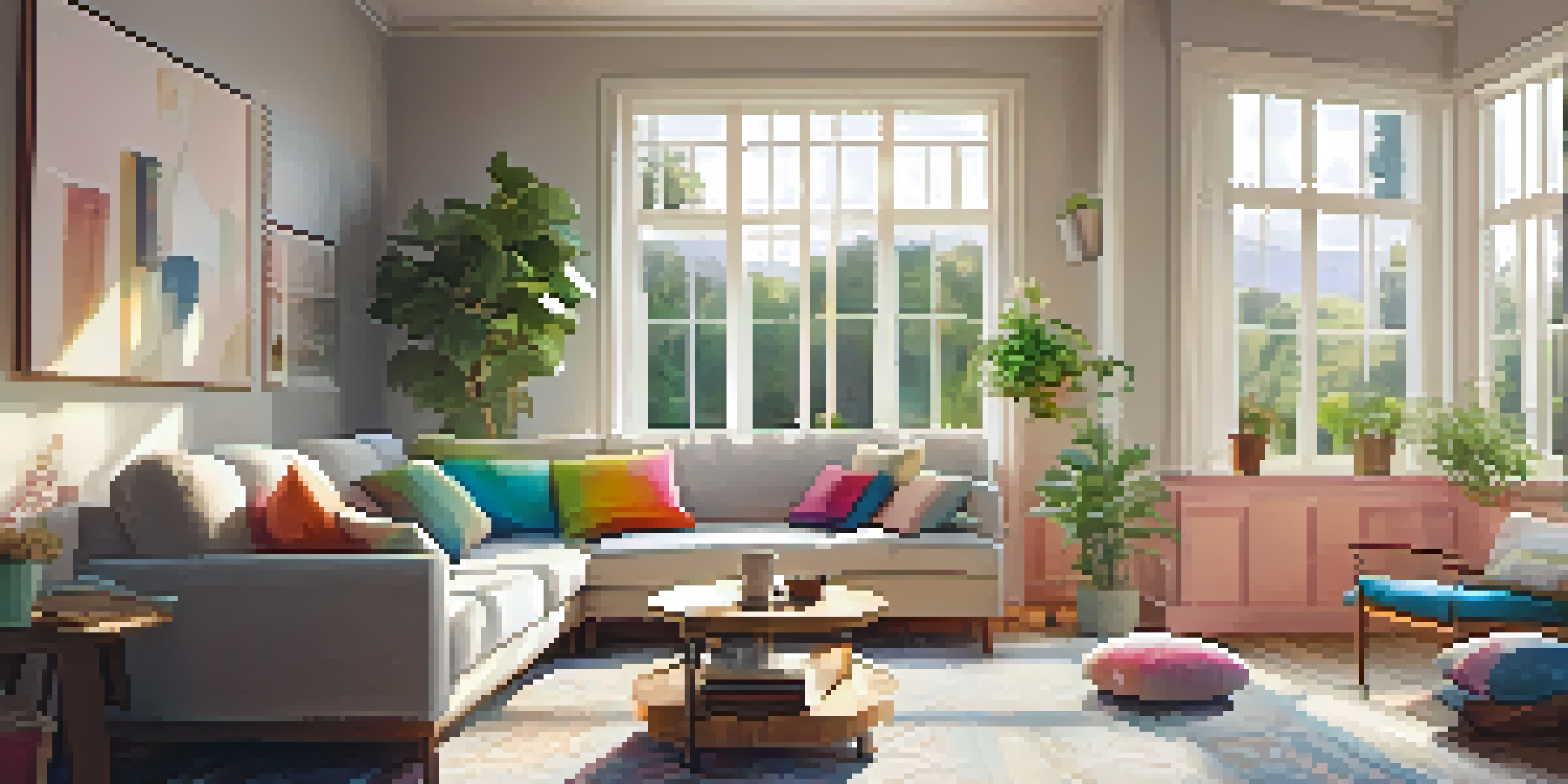 A cozy living room with sunlight streaming in through a large window, featuring a modern sofa, colorful cushions, a wooden coffee table with books and tea, and a potted plant.