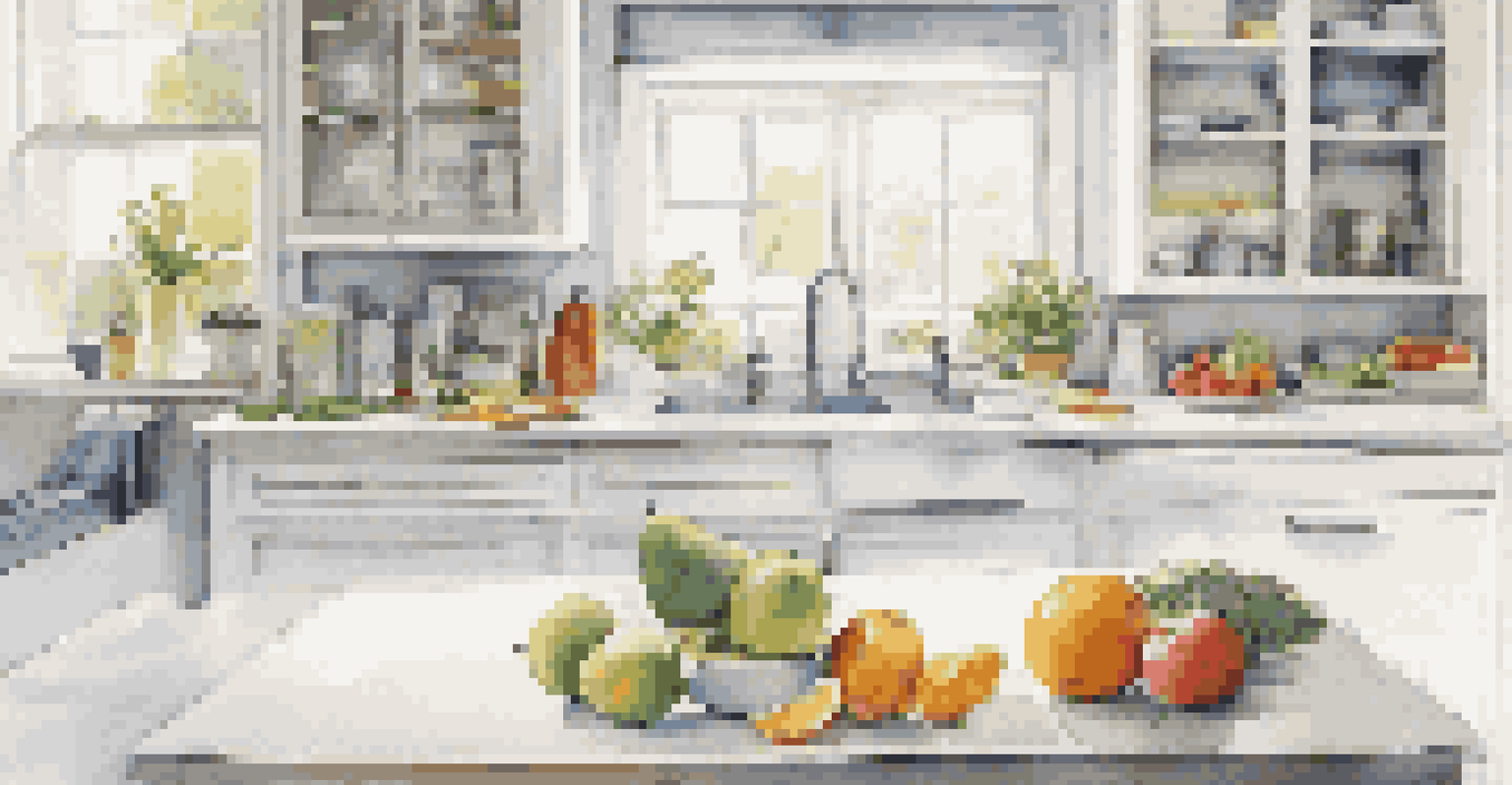 A clean kitchen countertop with organized utensils and a bowl of fresh fruits, highlighting a bright and inviting cooking space.