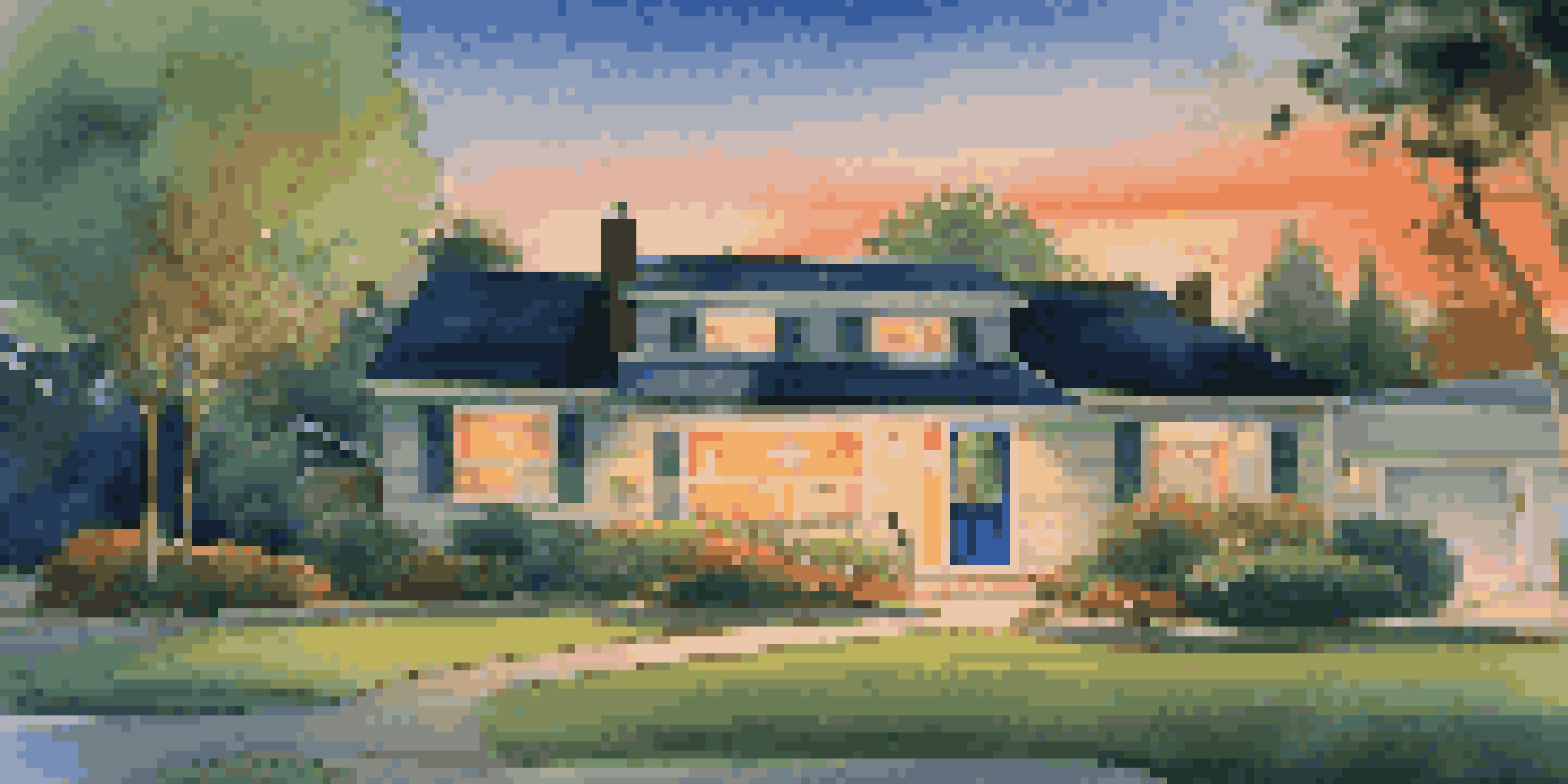 A peaceful neighborhood scene featuring a rental property with smart security features, illuminated at dusk.