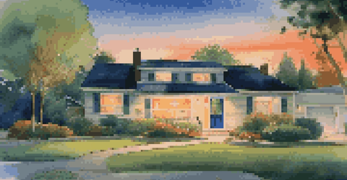 A peaceful neighborhood scene featuring a rental property with smart security features, illuminated at dusk.