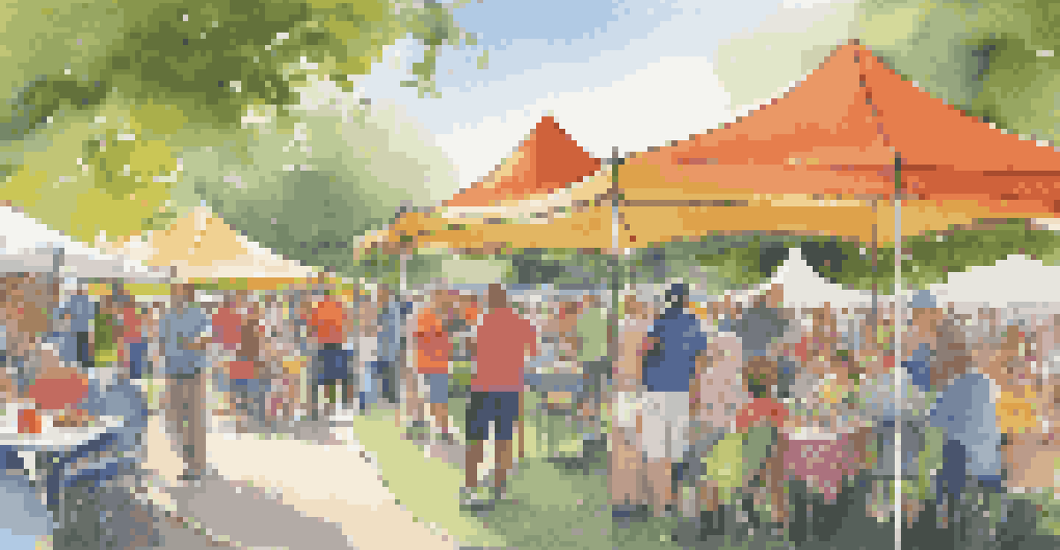 Outdoor community event in a park with property managers interacting with residents and colorful tents.