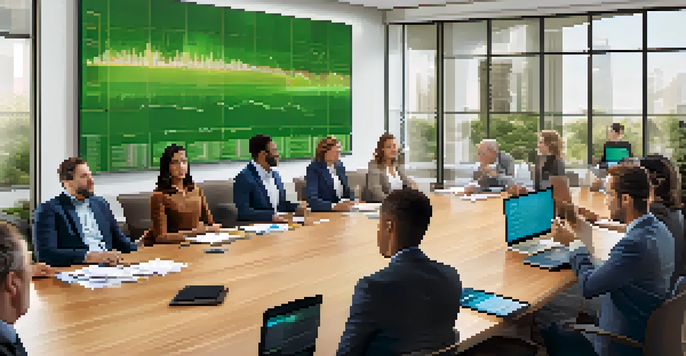 A diverse group of investors engaged in discussion around a conference table, analyzing real estate opportunities with laptops and documents.